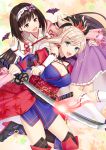  2girls :d bat black_hair blue_eyes breasts carrying_over_shoulder cleavage commentary_request fate/grand_order fate_(series) hairband japanese_clothes katana kimono large_breasts long_hair magatama_necklace miyamoto_musashi_(fate/grand_order) multiple_girls open_mouth osakabe-hime_(fate/grand_order) pink_hair purple_skirt skirt smile sword thigh-highs twintails very_long_hair violet_eyes weapon 