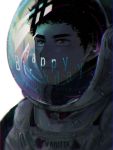  1boy :| black_hair brown_eyes character_name chromatic_aberration closed_mouth eyebrows facial_hair green_eyes happy_birthday looking_away male_focus nakkamonakkamo nanba_mutta portrait reflection solo spacesuit standing stubble uchuu_kyoudai white_background 