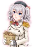  1girl artist_name bag blue_eyes commentary_request dated epaulettes food gloves highres jacket kantai_collection kashima_(kantai_collection) long_sleeves military_jacket neckerchief paper_bag red_neckwear sidelocks silver_hair solo taiyaki tsurime twintails upper_body uratomomin wagashi wavy_hair white_background white_gloves white_jacket 