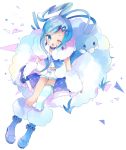  1girl ;d altaria asymmetrical_legwear bad_id bad_pixiv_id bangs blue_eyes blue_footwear blue_hair blush creatures_(company) earrings eyebrows_visible_through_hair from_above fur-trimmed_boots fur_trim game_freak gen_3_pokemon hair_ornament hairclip highres jewelry long_hair looking_at_viewer looking_up lucia_(pokemon) nintendo one_eye_closed open_mouth pokemon pokemon_(creature) pokemon_(game) pokemon_oras shirt short_shorts shorts sidelocks single_thighhigh sitting smile striped striped_legwear thigh-highs tsukiyo_(skymint) very_long_hair white_background white_shirt white_shorts 