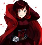  1girl arm_up bangs cape corset dress frilled_dress frills grey_eyes grin hair_between_eyes hooded looking_at_viewer petals red_cape red_dress redhead ruby_rose rwby short_dress short_hair smile solo somechime_(sometime1209) standing swept_bangs white_background 