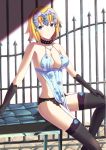  alternate_hair_length alternate_hairstyle artoria_pendragon_(all) artoria_pendragon_(lancer_alter) artoria_pendragon_(lancer_alter)_(cosplay) black_gloves black_legwear black_panties blonde_hair blue_eyes breasts choker cosplay fate/apocrypha fate/grand_order fate_(series) fence garter_belt garter_straps gloves hand_on_leg headpiece inaroinaroi jeanne_d&#039;arc_(fate) jeanne_d&#039;arc_(fate)_(all) large_breasts light_blush lingerie looking_at_viewer panties royal_icing short_hair sitting smile thigh-highs underwear 