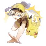  1girl :d backpack bag baseball_cap blue_eyes character_request clenched_hand creatures_(company) game_freak gen_1_pokemon hat nintendo open_mouth outstretched_hand pikachu pokemon pokemon_(creature) pokemon_(game) ponytail shorts smile sukja yellow_backpack yellow_hat yellow_shorts 