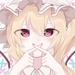  1girl bangs blonde_hair blush collared_shirt covered_mouth crossed_fingers eringi_(rmrafrn) eyebrows_behind_hair fingernails flandre_scarlet frilled_shirt_collar frills hair_between_eyes hands_up hat long_hair looking_at_viewer mob_cap nail_polish one_side_up portrait red_eyes red_nails shirt solo symbol_in_eye touhou white_hat 