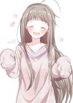  1girl :d ^_^ ahoge blush brown_hair closed_eyes collarbone dabi_(dabibubi) hands_up head_tilt korean long_hair long_sleeves open_mouth original oversized_clothes oversized_shirt pink_shirt round_teeth shirt simple_background sleeves_past_fingers sleeves_past_wrists smile solo teeth translation_request upper_body upper_teeth very_long_hair white_background 