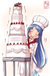  1girl artist_logo blue_hair cake chef chef_hat closed_eyes commentary_request cosplay dated feet_out_of_frame food forehead gradient_hair hat highres kanon_(kurogane_knights) kantai_collection long_hair multicolored_hair no_nose open_mouth red_scarf samidare_(kantai_collection) scarf simple_background smile solo toque_blanche trembling very_long_hair white_background 