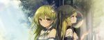  2girls alternate_costume back-to-back bangs bare_shoulders blue_sky blush breasts clouds contemporary day detached_sleeves dual_persona eyebrows_visible_through_hair frog_hair_ornament from_side green_eyes green_hair hair_between_eyes hair_ornament hair_tie hand_up kochiya_sanae light_rays long_hair looking_at_viewer medium_breasts multiple_girls one_side_up outdoors profile rain rainbow road_sign sailor_collar sarashi school_uniform serafuku shinoba shirt sign single_sidelock sky smile snake_hair_ornament touhou tree white_serafuku white_shirt wing_collar 