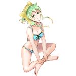  1girl animal_ears animal_hood atelier_(series) atelier_shallie barefoot bikini blue_bikini breasts cleavage collarbone dia_(saotoko) fake_animal_ears full_body green_eyes green_hair hair_between_eyes head_tilt highres hood indian_style looking_at_viewer medium_breasts shallotte_elminus short_hair simple_background sitting smile solo swimsuit white_background 