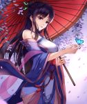  1girl animal bare_shoulders blue_kimono blurry blurry_foreground braid breasts bug butterfly butterfly_on_finger closed_mouth commentary_request depth_of_field fingernails hair_bun highres holding holding_umbrella insect japanese_clothes kimono liu_guniang long_hair long_sleeves looking_at_viewer medium_breasts oriental_umbrella petals purple_hair red_umbrella sidelocks solo standing umbrella very_long_hair violet_eyes wide_sleeves xian_jian_qi_xia_zhuan 