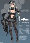  1girl black-framed_eyewear blue_background blue_eyes boots breasts cleavage cleavage_cutout commentary_request cz-805 cz-805_(girls_frontline) eyebrows_visible_through_hair fingerless_gloves girls_frontline gloves goggles goggles_on_head grenade_launcher grey_hair grey_skirt gun high_heels highres holding holding_gun holding_weapon knee_pads long_hair looking_at_viewer medium_breasts navel ndtwofives pantyhose patterned_background skirt smile solo standing thigh_strap title weapon white_hair 
