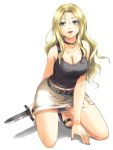  1girl ansatsu_kyoushitsu black_shirt blonde_hair blue_eyes breasts choker cleavage collarbone curly_hair full_body highres holding holding_knife irina_jelavic iwao kneeling knife large_breasts long_hair looking_at_viewer midriff miniskirt nail_polish navel parted_lips pleated_skirt red_lips red_nails shirt side_slit simple_background skirt sleeveless sleeveless_shirt solo stomach toenail_polish very_long_hair white_background white_skirt 