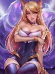  1girl ahri animal_ears bangs blonde_hair breast_hold breasts choker covered_navel daria_leonova earrings fangs fox_ears fox_tail heart heart_choker jewelry k/da_(league_of_legends) k/da_ahri league_of_legends lips long_hair looking_at_viewer medium_breasts sitting slit_pupils solo swept_bangs tail thigh-highs whisker_markings yellow_eyes 