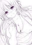  1girl blush breasts cleavage collarbone commentary_request eyebrows_visible_through_hair from_below large_breasts long_hair looking_at_viewer monochrome nori_tamago pov sideboob simple_background sketch smile solo tank_top touhou very_long_hair white_background yakumo_yukari 