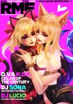  2girls absurdres ahri alternate_costume animal_ears asymmetrical_docking bangs bare_shoulders black_cat_d.va blonde_hair bracelet breast_press breasts cat_ears cat_tail cheek-to-cheek cleavage closed_eyes cover crossover d.va_(overwatch) earrings eyelashes eyeshadow fox_ears fox_tail highres hug idol jewelry k/da_(league_of_legends) k/da_ahri large_breasts league_of_legends lips magazine_cover makeup medium_breasts microphone monori_rogue multiple_girls multiple_tails music nail_polish nose open_mouth overwatch pink_background pinky_out shared_microphone shorts singing tail thigh-highs trait_connection whisker_markings 