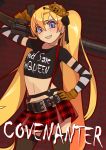  1girl bangs belt black_belt black_gloves black_legwear black_ribbon black_shirt blonde_hair brown_gloves character_name clothes_writing commentary_request contrapposto covenanter_(kehotank) covenanter_(tank)_(personification) crop_top earrings elbow_gloves english eyebrows_visible_through_hair garter_straps gloves grin gun hair_ribbon headgear holding holding_gun holding_weapon jewelry long_hair looking_at_viewer microskirt original over_shoulder personification plaid plaid_skirt pleated_skirt print_shirt red_skirt ribbon shirt short_sleeves skirt smile solo soumu_(kehotank) standing striped striped_gloves suspenders thigh-highs twintails very_long_hair weapon weapon_request 
