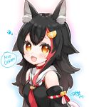  1girl animal_ears artist_name bell black_hair blush character_name commentary_request detached_sleeves fang hair_ornament hairclip highres hololive long_hair looking_at_viewer noyama_(noyama8888) ookami_mio open_mouth portrait simple_background solo virtual_youtuber yellow_eyes 