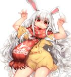  1girl animal_ears animal_print bangs blush bunny_girl bunny_print cowboy_shot ear_down english highres korean_commentary long_hair looking_at_viewer off-shoulder_shirt off_shoulder original paw_pose rabbit_ears red_eyes red_scarf scarf shirt short_sleeves simple_background smile snowflake_print solo user_wcgm5435 very_long_hair wavy_hair white_background white_hair yellow_shirt 