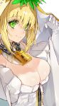  1girl absurdres bangs bare_shoulders blush breasts bridal_veil chains cleavage closed_mouth detached_collar dress elbow_gloves fate/extra fate/extra_ccc fate_(series) gloves hair_between_eyes hair_intakes hands_up head_wreath highres kou_mashiro large_breasts lock long_hair looking_at_viewer nero_claudius_(bride)_(fate) nero_claudius_(fate)_(all) padlock puffy_sleeves simple_background smile solo veil white_background white_dress white_gloves zipper 