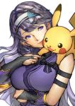  arm_under_breasts armband asano_ruri asano_sisters_project bangs black_bow bow closed_mouth commentary_request creatures_(company) game_freak gen_1_pokemon hairband looking_at_another nintendo on_shoulder open_mouth pikachu pokemon purple_hair purple_shirt shimashima_(simasima_23) shirt sleeveless sleeveless_shirt smile violet_eyes virtual_youtuber 