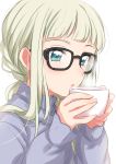  1girl absurdres aikatsu! aikatsu!_(series) bangs black-framed_eyewear blue_eyes blue_sweater blunt_bangs blush commentary_request cup glasses highres holding holding_cup long_sleeves parted_lips sekina silver_hair simple_background solo steam sweater toudou_yurika upper_body white_background 