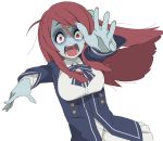  1girl ahoge bandage bow eyebrows_visible_through_hair forehead_scar hair_bow hair_ornament long_hair minamoto_sakura open_mouth outstretched_arms pettan polka_dot red_eyes redhead school_uniform solo zombie zombie_land_saga zombie_pose 