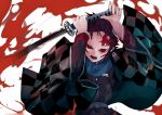  1girl angry black_hair black_sclera blood blood_on_face blood_splatter bloody_clothes checkered checkered_kimono earrings fangs highres ikurauni japanese_clothes japanese_flag jewelry kamado_tanjirou katana kimetsu_no_yaiba kimono looking_at_viewer sword weapon 