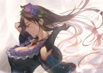  1girl bare_shoulders breasts brown_hair cleavage closed_eyes dress flower gloves granblue_fantasy hair_flower hair_ornament jewelry kakage large_breasts long_hair necklace rose rosetta_(granblue_fantasy) short_sleeves smile solo 
