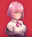  1girl bow bowtie breasts highres large_breasts lolicondeath1 looking_at_viewer pink_eyes pink_hair pink_neckwear red_background shinjou_akane shirt short_hair simple_background smile solo ssss.gridman upper_body white_shirt 