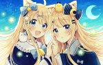 2girls :d absurdres ahoge animal animal_ear_fluff animal_ears bangs bell bird blonde_hair blue_bow blue_capelet blue_eyes blue_sky blush bow capelet cat cat_ears chick clouds commentary_request crescent crescent_moon day diagonal_stripes eyebrows_visible_through_hair fingernails frilled_capelet frilled_sleeves frills hair_between_eyes hair_bow hand_up head_tilt highres interlocked_fingers long_hair long_sleeves moon multiple_girls on_head on_shoulder open_mouth original outdoors parted_lips sakura_oriko siblings sisters sky smile star striped striped_bow very_long_hair 