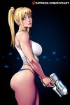  1girl ass bangs bare_shoulders blonde_hair blue_eyes blue_panties breasts commentary english_commentary from_side gun high_ponytail highres holding holding_gun holding_weapon large_breasts legs looking_at_viewer metroid nintendo panties parted_lips pinup ponytail reydart samus_aran thighs underwear weapon white_tank_top 