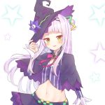  1girl capelet commentary_request crop_top groin hair_bun hair_ornament hat highres holding holding_hat hololive lavender_hair long_hair looking_at_viewer midriff murasaki_shion navel solo star virtual_youtuber white_background witch_hat yellow_eyes 
