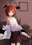  1girl alternate_hair_length alternate_hairstyle arched_back bangs bed black_skirt black_wings book camisole collarbone cowboy_shot demon_wings flat_chest futatsuki_eru head_wings indoors koakuma looking_at_viewer pillow pointy_ears red_eyes redhead short_hair skirt solo standing strap_gap touhou undressing wings 