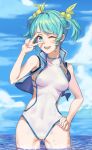  1girl ;d blue_hair blue_sky breasts clouds covered_navel day hair_bobbles hair_ornament hand_on_hip hand_up highres medium_breasts nail_polish one-piece_swimsuit one_eye_closed open_mouth original pink_nails short_hair short_twintails sky smile standing swimsuit twintails v xinhong_ditan 