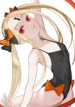  1girl abigail_williams_(fate/grand_order) absurdres arm_up armpits bare_shoulders blonde_hair breasts covered_navel fate/grand_order fate_(series) forehead highres keyhole leotard long_hair looking_at_viewer nyatabe parted_lips red_eyes simple_background small_breasts solo twintails very_long_hair white_background 