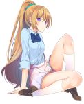  1girl arm_support blonde_hair blue_bow blue_neckwear blue_scrunchie blue_shirt bow bowtie brown_footwear dress_shirt full_body hair_ornament hair_scrunchie high_ponytail highres karuizawa_kei kneehighs loafers long_hair looking_at_viewer miniskirt pleated_skirt scrunchie shiny shiny_hair shirt shoes simple_background sitting skirt solo very_long_hair violet_eyes white_background white_legwear white_skirt youkoso_jitsuryoku_shijou_shugi_no_kyoushitsu_e yu_yu 