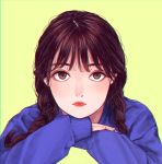  1girl absurdres bangs blue_sweater blunt_bangs braid brown_eyes chromatic_aberration expressionless hair_over_shoulder hands_up head_rest highres lips looking_at_viewer original portrait realistic sanpaku shinkoku simple_background sleeves_past_wrists solo sweater twin_braids 