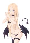  1girl :d abigail_williams_(fate/grand_order) asymmetrical_legwear bangs black_choker black_legwear black_panties black_wings blonde_hair blue_eyes blush breasts choker collarbone commentary_request demon_girl demon_tail demon_wings eyebrows_visible_through_hair fang fate/grand_order fate_(series) fingernails forehead groin hands_up highres jilu long_hair looking_at_viewer low_wings navel open_mouth panties parted_bangs revealing_clothes simple_background single_thighhigh small_breasts smile solo steepled_fingers tail tail_raised thigh-highs thigh_strap torn_clothes torn_legwear underwear very_long_hair white_background wings 