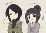  2girls :d black_eyes black_hair black_shirt blush brown_background brown_hair character_request closed_mouth commentary_request crossed_arms drawstring green_jacket grey_hoodie hair_bun hair_up head_tilt hood hood_down hooded_jacket hoodie jacket kuranami_shiki long_sleeves mouth_hold multiple_girls natsuki_teru open_clothes open_jacket open_mouth original red_eyes shirt short_eyebrows sidelocks simple_background smile sweat thick_eyebrows translation_request upper_body 