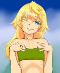  1girl abs alternate_costume bandeau blonde_hair blue_eyes blue_sky blush collarbone colored_eyelashes hands_on_own_stomach jack-haniwa long_hair one_eye_closed ribs sky smile solo tanya_degurechaff youjo_senki 