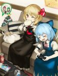  4girls antennae ascot baozi black_skirt black_vest blonde_hair blue_bow blue_dress blue_hair blue_wings bow calendar_(object) can christmas_tree cirno closed_eyes commentary_request controller couch dr_pepper dress eating food green_hair hair_bow hair_ribbon highres holding_controller ice ice_wings indoors magazine mouth_hold multiple_girls mystia_lorelei one_eye_closed pillow pink_eyes pink_hair playing_games puffy_short_sleeves puffy_sleeves red_eyes red_neckwear red_ribbon ribbon rumia shirt short_hair short_sleeves sitting skirt skirt_set smile spark621 striped table team_9 touhou vest white_shirt wing_collar wings wriggle_nightbug 