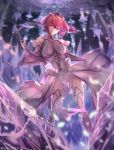  1girl bangs bare_shoulders blurry blurry_background boots breasts closed_mouth contrapposto detached_sleeves dress eyebrows_visible_through_hair fate/grand_order fate_(series) floating_hair fur_trim hair_between_eyes highres holding holding_wand jewelry large_breasts light_particles light_smile long_hair long_sleeves looking_at_viewer necklace pantyhose pelvic_curtain purple_dress purple_hair red_eyes reluvy ruby_(stone) scathach_(fate)_(all) scathach_skadi_(fate/grand_order) smile solo thigh-highs thigh_boots tiara twitter_username wand white_dress white_footwear wide_sleeves wind wind_lift 