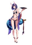  1girl alcohol bangs blue_hair blunt_bangs blush bob_cut breasts cup eyebrows eyebrows_visible_through_hair fate/grand_order fate_(series) gourd highres looking_at_viewer navel oni oni_horns open_mouth revealing_clothes sakazuki sake short_hair shuten_douji_(fate/grand_order) skindentation small_breasts solo violet_eyes white_background zemeth 