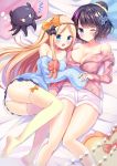  2girls :d ;) abigail_williams_(fate/grand_order) animal bangs bare_shoulders bed_sheet beige_legwear black_bow blonde_hair blue_eyes blue_shirt blush bow breasts cleavage closed_eyes collarbone eyebrows_visible_through_hair fate/grand_order fate_(series) fingernails hair_bow hair_bun hair_ornament hair_scrunchie hairband highres katsushika_hokusai_(fate/grand_order) large_breasts long_hair long_sleeves lying masayo_(gin_no_ame) multiple_girls no_shoes object_hug octopus off_shoulder on_side one_eye_closed open_mouth orange_bow parted_bangs pillow pink_shirt polka_dot polka_dot_bow polka_dot_shirt scrunchie shirt short_shorts shorts sleeping sleeves_past_fingers sleeves_past_wrists smile striped striped_hairband stuffed_animal stuffed_toy teddy_bear thigh-highs tokitarou_(fate/grand_order) very_long_hair white_shorts yellow_scrunchie zzz 