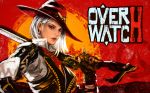  1girl ashe_(overwatch) breasts copyright_name cowboy_hat earrings fingerless_gloves gloves gun hat highres holding holding_gun holding_weapon jewelry kaburagi_yasutaka looking_at_viewer medium_hair mole overwatch red_dead_redemption red_eyes solo vest weapon white_hair 