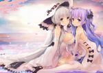  2girls :o ahoge azuki_yui azur_lane bangs bare_shoulders black_footwear black_ribbon blue_eyes blush breasts cleavage clouds detached_sleeves dress elbow_gloves eyebrows_visible_through_hair garter_straps gloves hair_bun hair_ornament hair_ribbon hat high_heels illustrious_(azur_lane) large_breasts long_hair looking_at_viewer mole mole_under_eye multiple_girls petals purple_hair ribbon side_bun silver_hair sitting sky smile stuffed_animal stuffed_toy sun_hat sunset thigh-highs unicorn_(azur_lane) very_long_hair violet_eyes wariza white_dress white_gloves white_hat white_legwear 