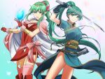  &gt;:) 2girls :d aqua_background aqua_dress aqua_eyes aqua_hair arm_up bare_legs black_choker black_gloves boots bow bracer breasts bug butterfly cape chiki choker circlet cleavage closed_mouth dress eyebrows_visible_through_hair eyes_visible_through_hair feet_out_of_frame female fire_emblem fire_emblem:_kakusei fire_emblem:_mystery_of_the_emblem fire_emblem:_rekka_no_ken fire_emblem_heroes floating_hair garter_straps gem gloves gradient gradient_background green_hair hair_between_eyes hair_ornament hands_up happy headpiece high_ponytail highres holding holding_gem holding_sword holding_weapon insect jewelry kakiko210 kakiko228 katana large_breasts legs light_particles long_dress long_hair looking_at_viewer lyndis_(fire_emblem) mamkute medium_breasts multiple_girls neck nintendo older open_mouth pelvic_curtain pink_bow pink_cape pink_dress pink_legwear pointy_ears ponytail red_dress red_footwear red_gloves short_dress short_sleeves side-by-side side_slit sidelocks sleeveless sleeveless_dress smile standing stone super_smash_bros. super_smash_bros._ultimate sword thigh-highs tiara very_long_hair weapon white_cape wind wind_lift 