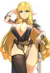  1girl arm_guards bangs belt black_legwear black_vest blonde_hair blue_eyes breasts brown_skirt center_opening cleavage cowboy_shot curvy dantes_ward drill_hair elf erect_nipples eyebrows_visible_through_hair frown green_eyes highres large_breasts long_hair looking_at_viewer no_bra original pelvic_curtain pointy_ears revealing_clothes shoulder_armor simple_background single_thighhigh skirt solo standing sword thigh-highs very_long_hair vest weapon white_background 