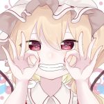  1girl bangs blonde_hair blush collared_shirt commentary_request eringi_(rmrafrn) eyebrows_behind_hair fangs fingernails flandre_scarlet frilled_shirt_collar frills grin hair_between_eyes hands_up hat long_hair looking_at_viewer mob_cap nail_polish ok_sign one_side_up portrait red_eyes red_nails shirt smile solo symbol_in_eye touhou white_hat 