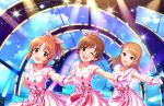 3girls abe_nana blush brown_eyes brown_hair cloud dress honda_mio houjou_karen idolmaster idolmaster_cinderella_girls official_art open_mouth short_hair smile sparkle_background stage_lights wink