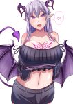  1girl breast_tattoo breasts cleavage commentary_request demon_girl demon_tail heart highres horns large_breasts long_hair midriff monster_girl munio original pointy_ears purple_hair short_shorts shorts simple_background smile solo spoken_heart succubus tail tattoo violet_eyes white_background 
